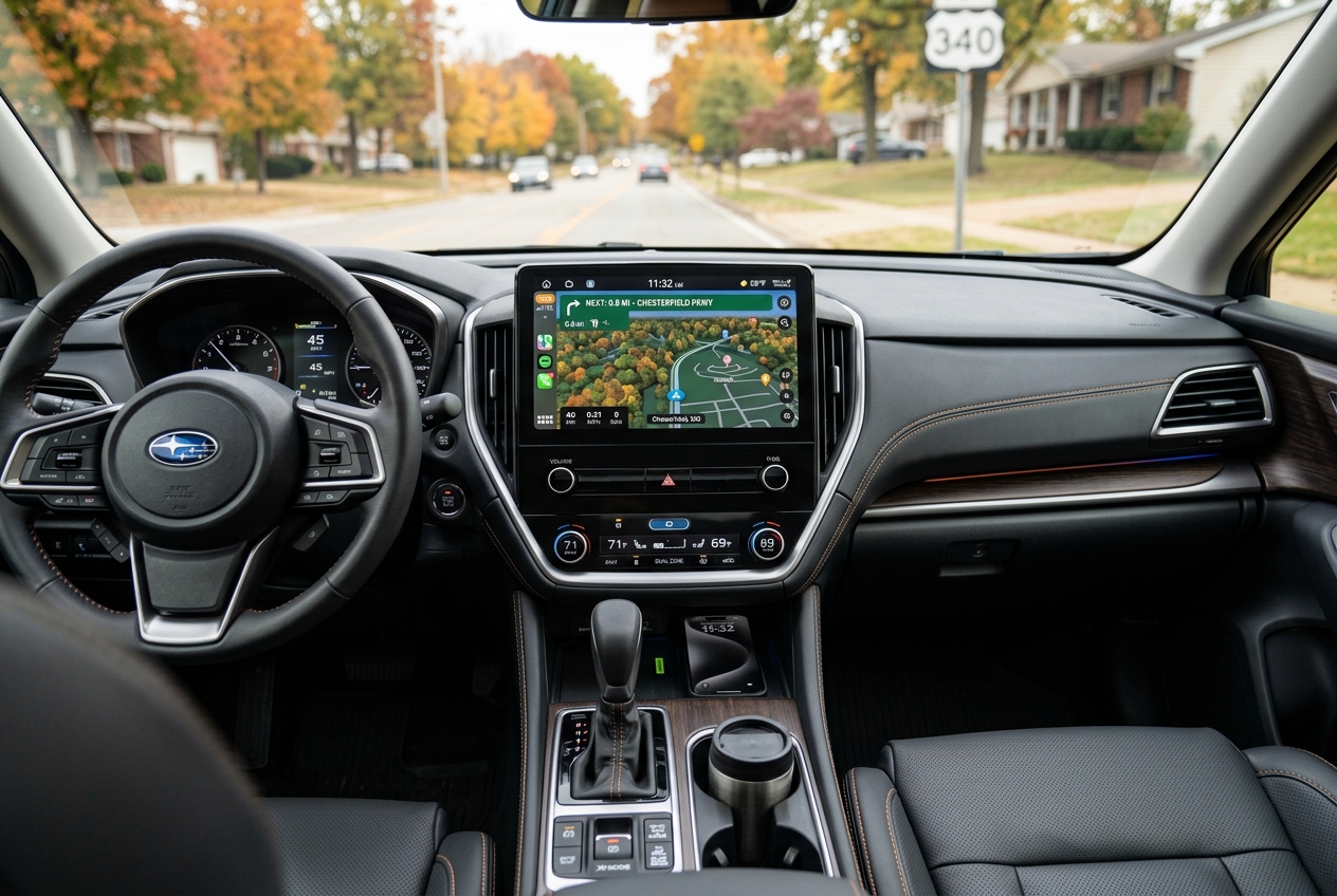 View from inside a Subaru vehicle showing the dashboard, touchscreen navigation screen, and autumn street outside. (Representative image for illustration purposes only. Actual vehicle may vary based on trim and configuration.)