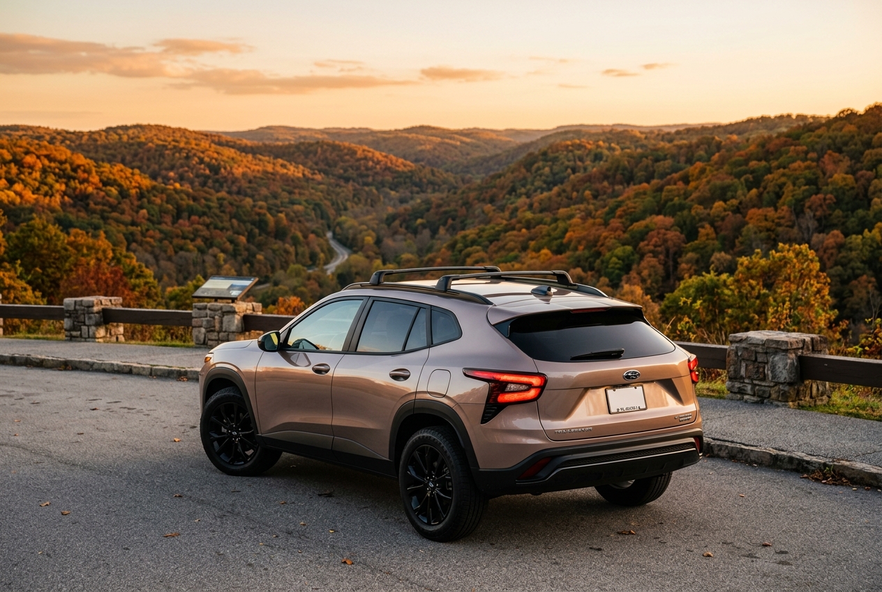 Bronze SUV parked at a mountain scenic overlook with vibrant autumn tree-covered hills at sunset. (Representative image for illustration purposes only. Actual vehicle may vary based on trim and configuration.)