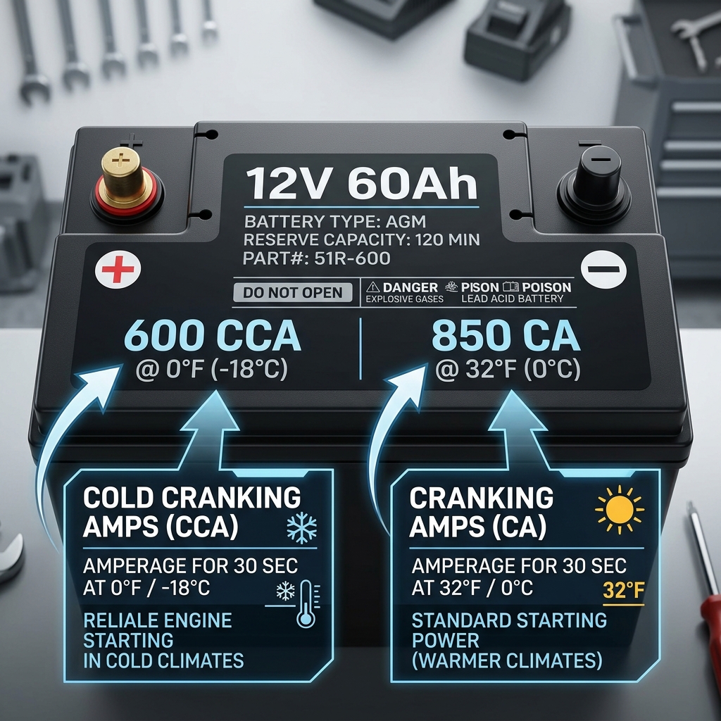 Infographic illustrating the difference between Cold Cranking Amps (CCA) and Cranking Amps (CA) on a car battery. (Representative image for illustration purposes only. Actual vehicle may vary based on trim and configuration.)