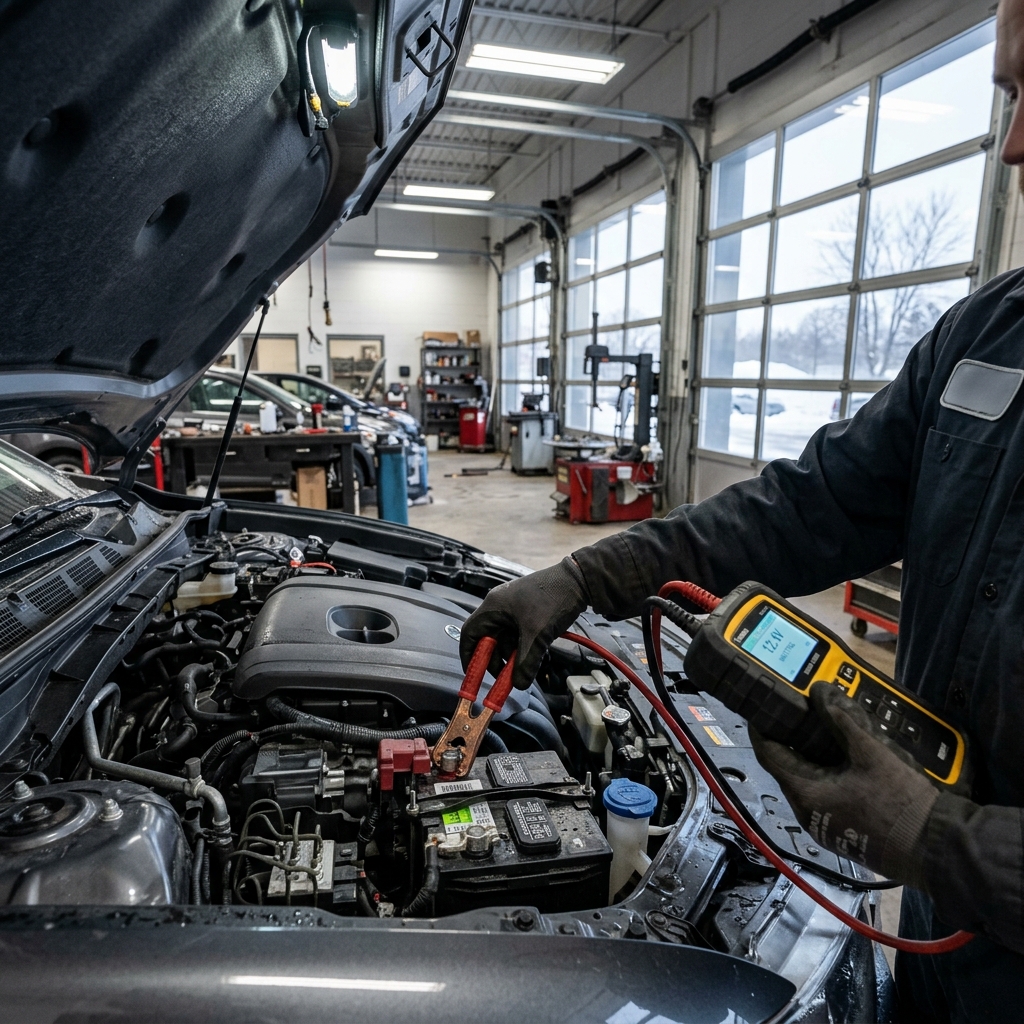 Mechanic using a digital diagnostic tester to check a car battery voltage in an auto repair shop. (Representative image for illustration purposes only. Actual vehicle may vary based on trim and configuration.)
