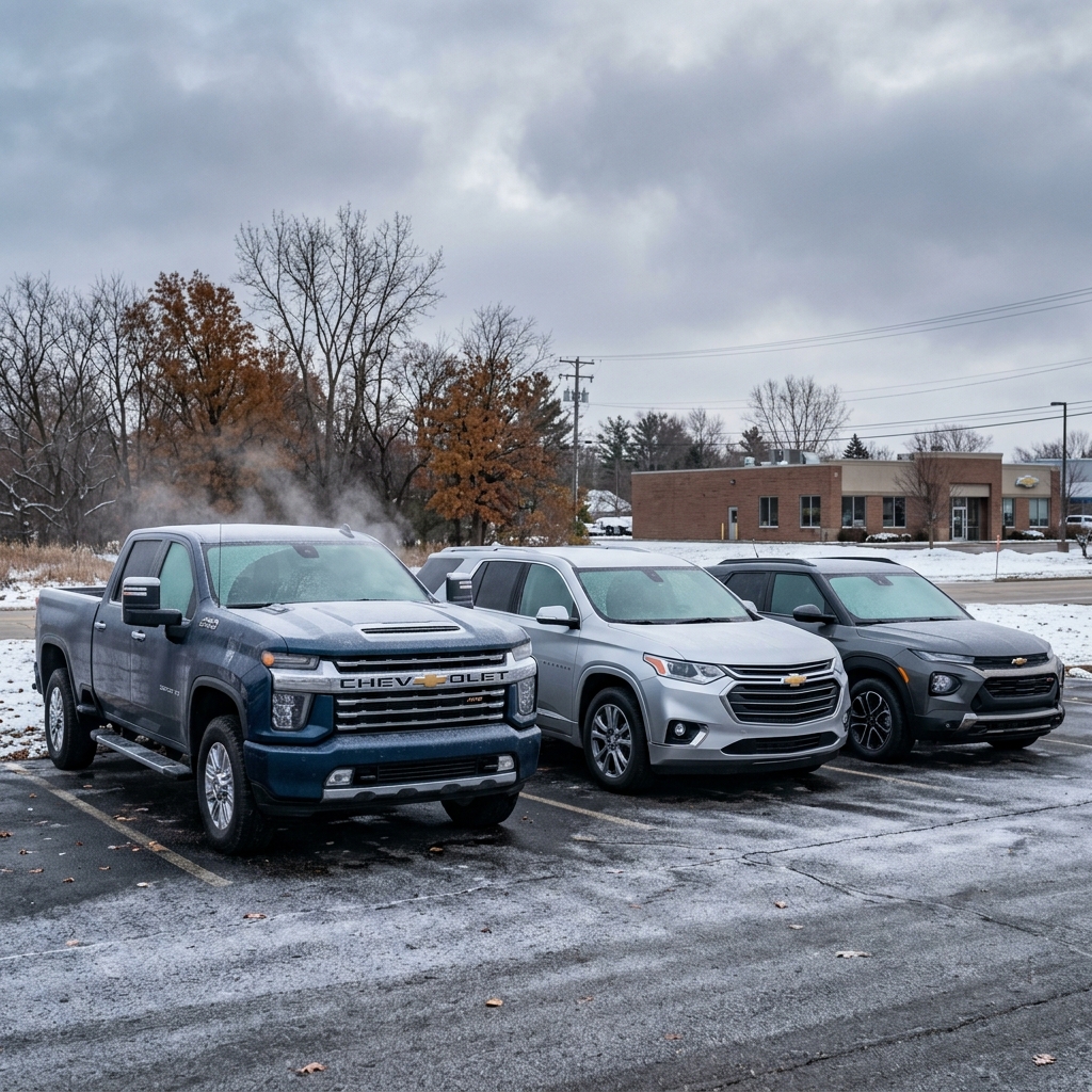 Three Chevrolet vehicles parked side-by-side in a snowy parking lot under an overcast winter sky. (Representative image for illustration purposes only. Actual vehicle may vary based on trim and configuration.)