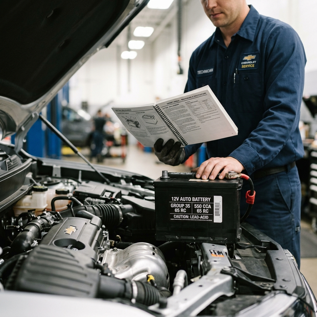 A Chevrolet technician reading a manual while working on a 12V auto battery in an engine bay. (Representative image for illustration purposes only. Actual vehicle may vary based on trim and configuration.)