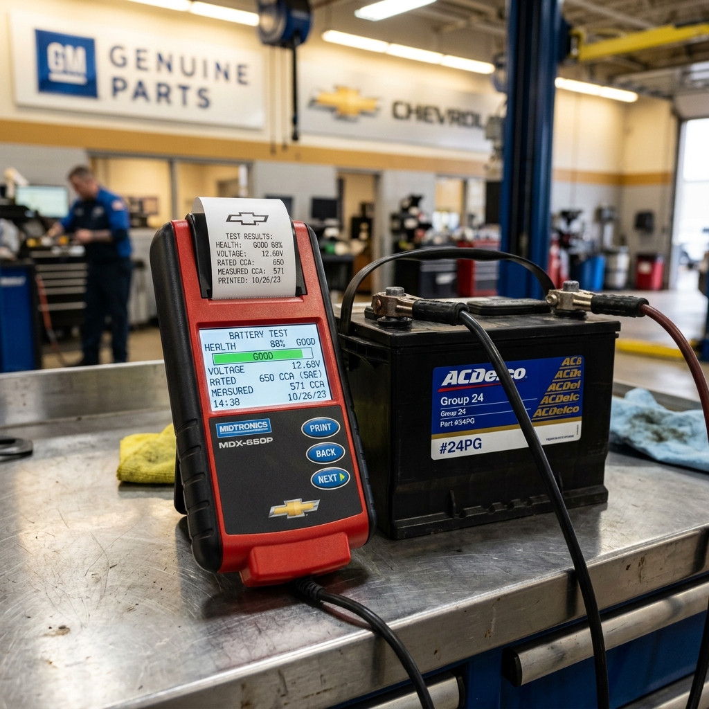 Midtronics battery tester connected to an ACDelco car battery on a workbench in a Chevrolet service bay. (Representative image for illustration purposes only. Actual vehicle may vary based on trim and configuration.)