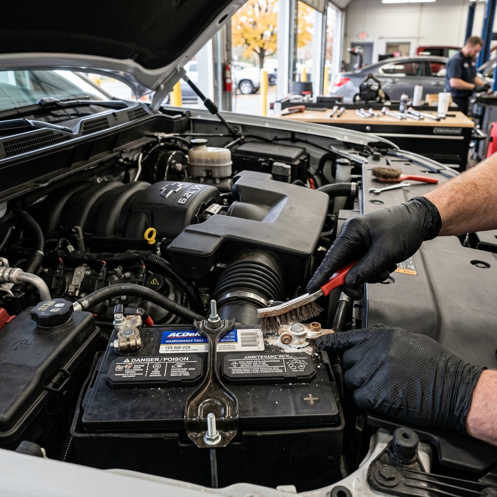 A mechanic wearing black gloves uses a wire brush to clean corrosion off a car battery terminal inside an engine bay. (Representative image for illustration purposes only. Actual vehicle may vary based on trim and configuration.)