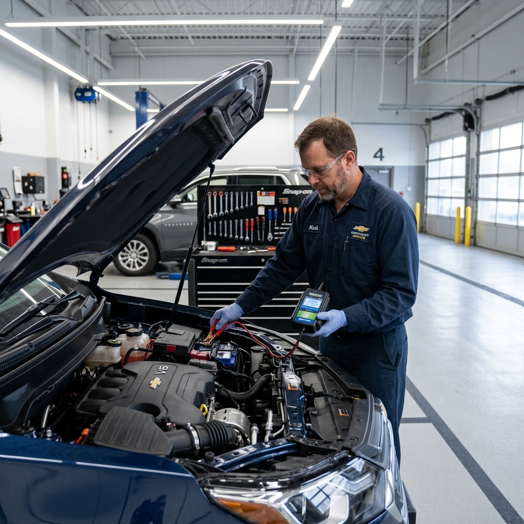 A mechanic using a handheld diagnostic tool to test a car engine battery in an auto service bay. (Representative image for illustration purposes only. Actual vehicle may vary based on trim and configuration.)
