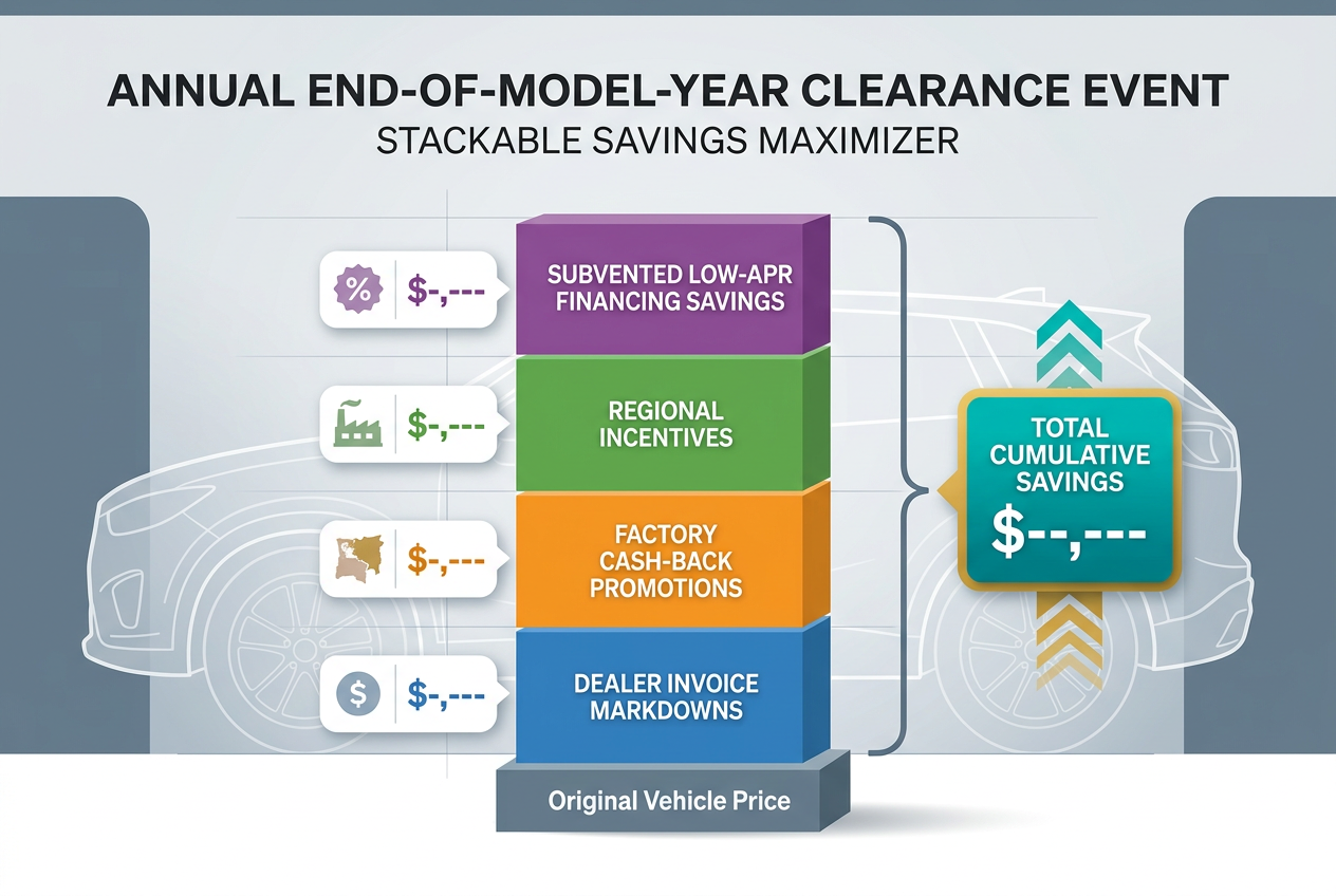 Infographic showing four stackable vehicle savings categories adding up to total cumulative savings. (Representative image for illustration purposes only. Actual vehicle may vary based on trim and configuration.)