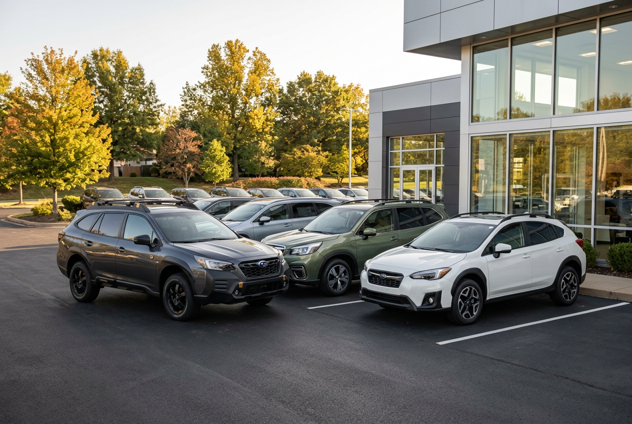 Three modern Subaru SUVs parked outside a sleek car dealership building on a sunny autumn day. (Representative image for illustration purposes only. Actual vehicle may vary based on trim and configuration.)