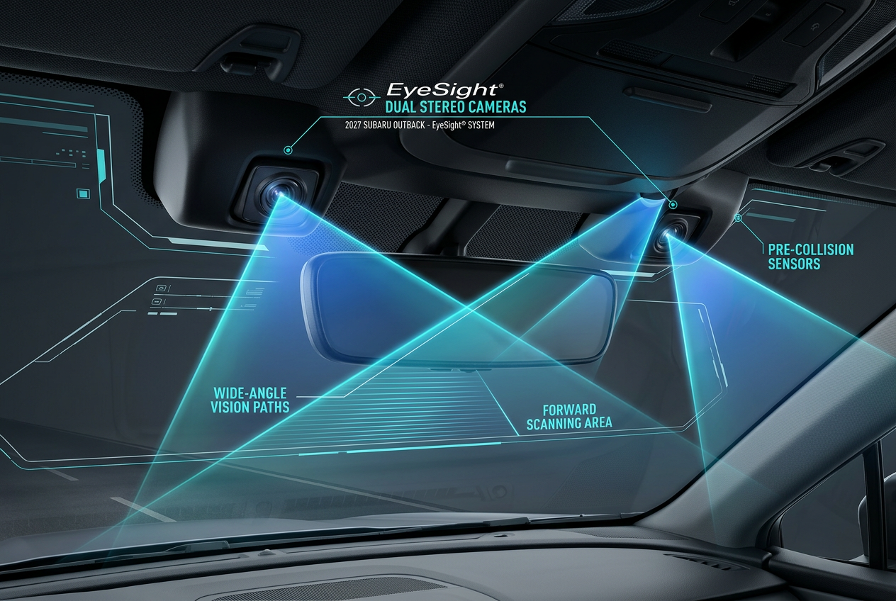 Subaru EyeSight dual stereo camera system diagram showing wide-angle scanning beams from the windshield. (Representative image for illustration purposes only. Actual vehicle may vary based on trim and configuration.)