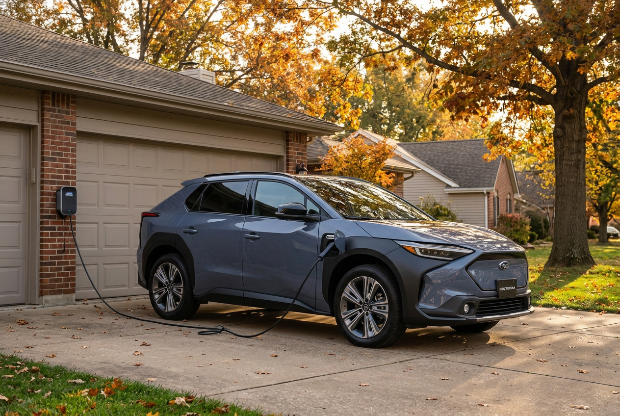 Grey Subaru Solterra electric SUV parked in a driveway while charging from a wall-mounted home EV charger. (Representative image for illustration purposes only. Actual vehicle may vary based on trim and configuration.)