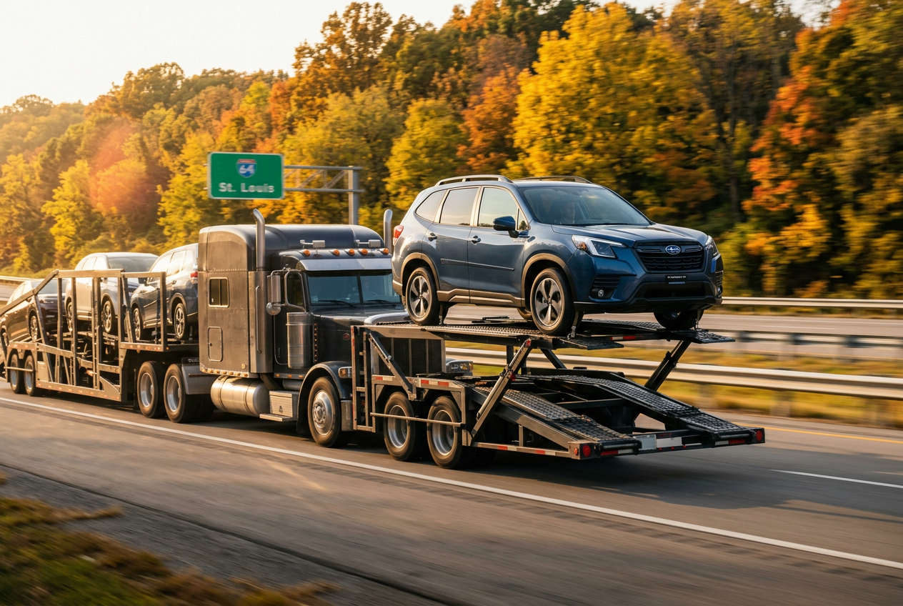 A semi-truck auto carrier loaded with vehicles, featuring a blue SUV on top, driving past autumn trees. (Representative image for illustration purposes only. Actual vehicle may vary based on trim and configuration.)