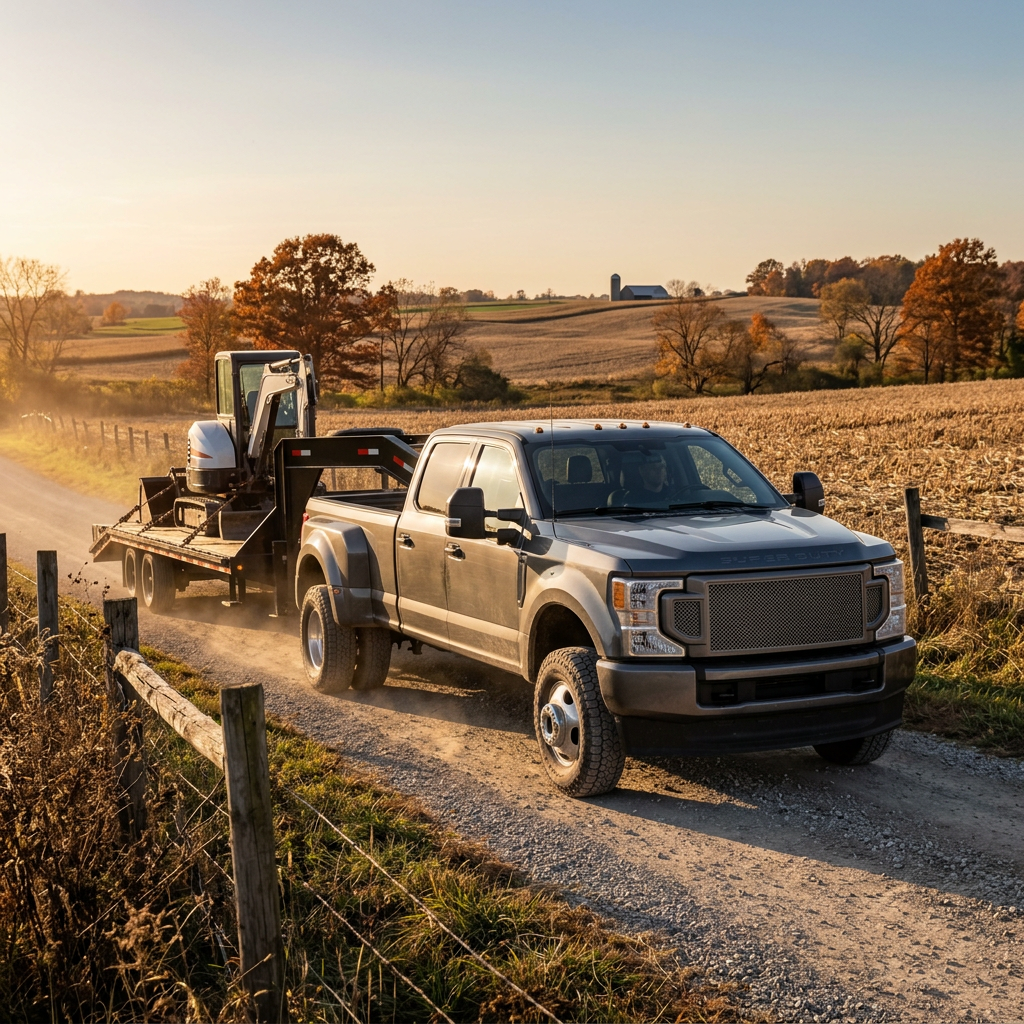 A grey dually pickup truck drives down a rural gravel road towing a gooseneck trailer with a mini excavator. (Representative image for illustration purposes only. Actual vehicle may vary based on trim and configuration.)