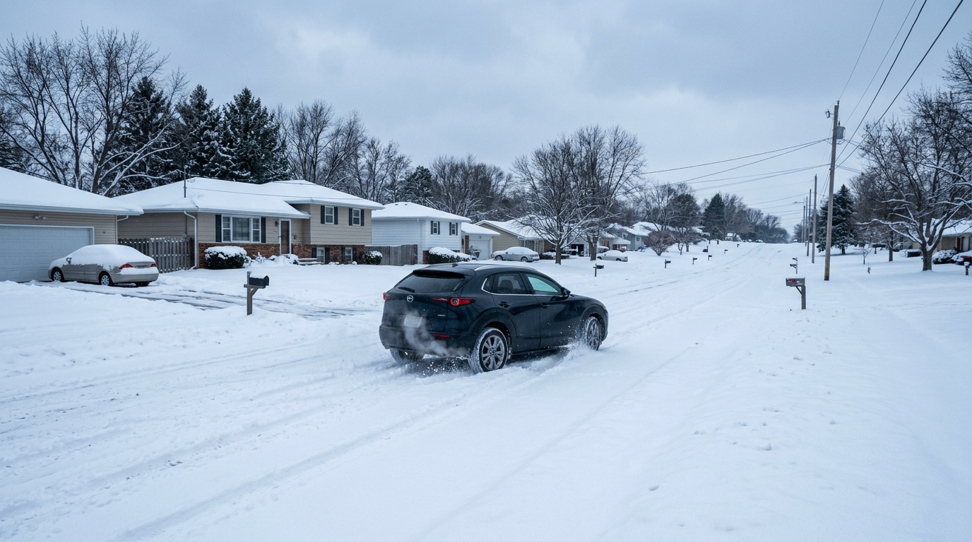 Dark SUV driving down a snow-covered suburban street during winter. (Representative image for illustration purposes only. Actual vehicle may vary based on trim and configuration.)