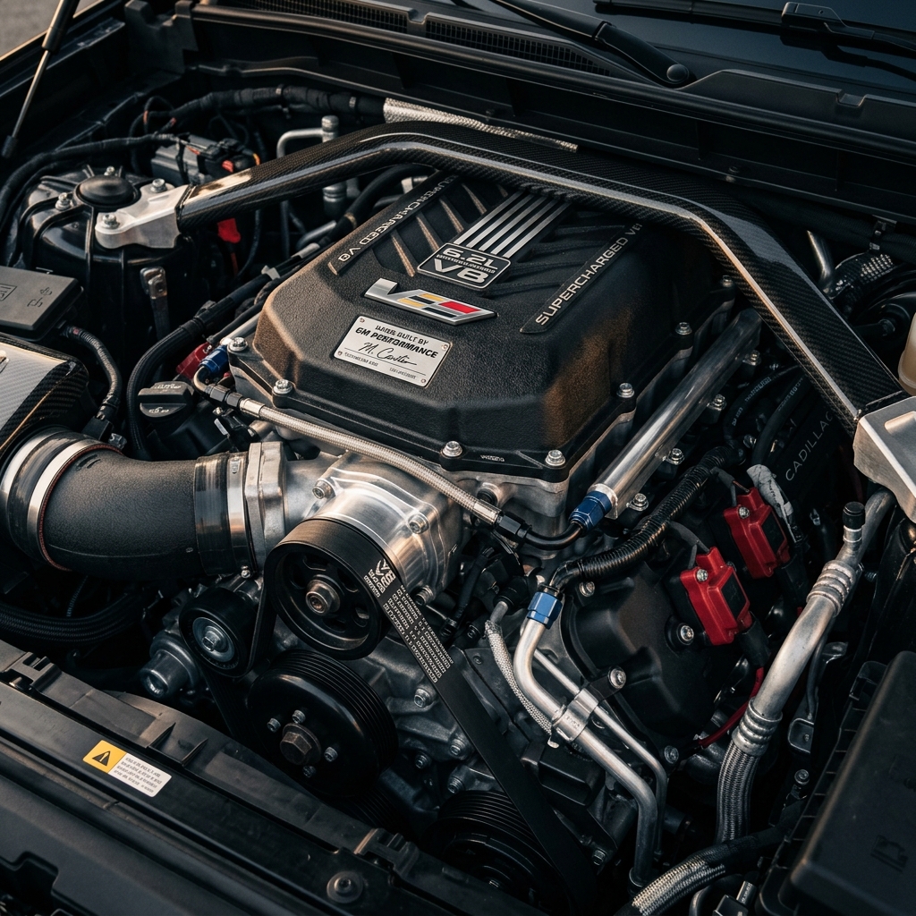 Supercharged 6.2L V8 engine bay with carbon fiber strut brace and GM Performance builder plaque. (Representative image for illustration purposes only. Actual vehicle may vary based on trim and configuration.)