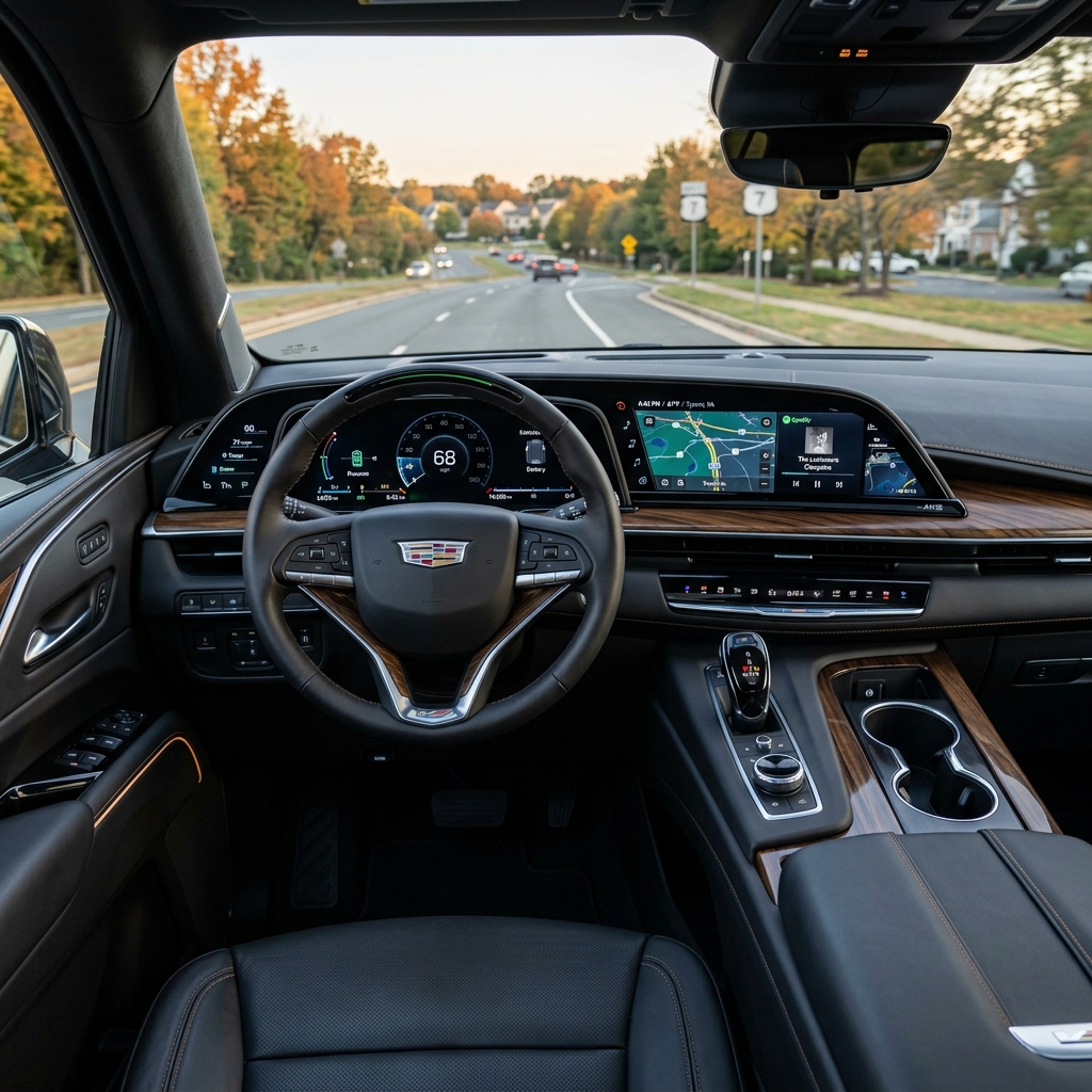 Driver seat view of a Cadillac dashboard with curved digital displays, driving on a road surrounded by autumn trees. (Representative image for illustration purposes only. Actual vehicle may vary based on trim and configuration.)