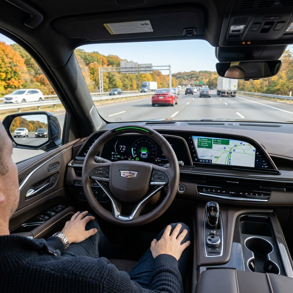 Driver resting hands on lap while Cadillac Super Cruise autonomously drives on a highway during autumn. (Representative image for illustration purposes only. Actual vehicle may vary based on trim and configuration.)