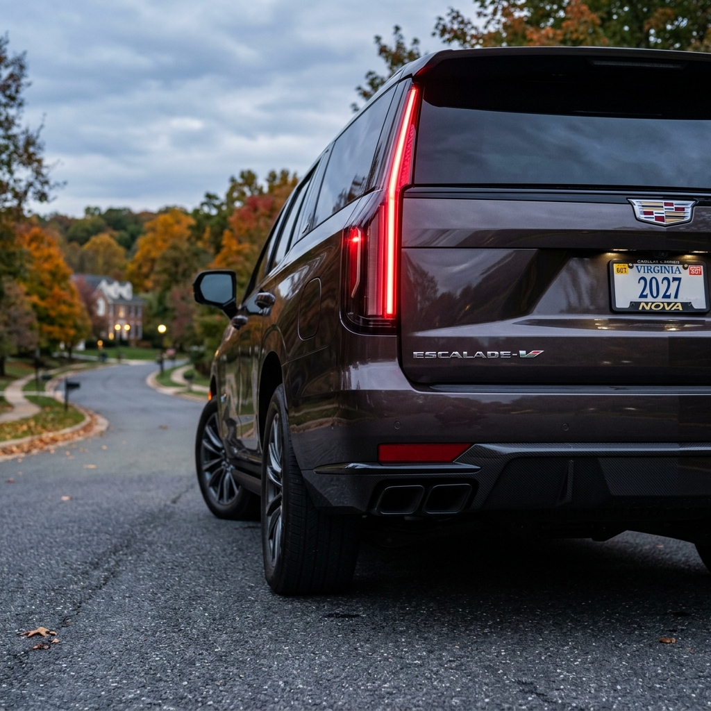 Rear view of a dark metallic Cadillac Escalade-V parked on a suburban street lined with autumn foliage. (Representative image for illustration purposes only. Actual vehicle may vary based on trim and configuration.)