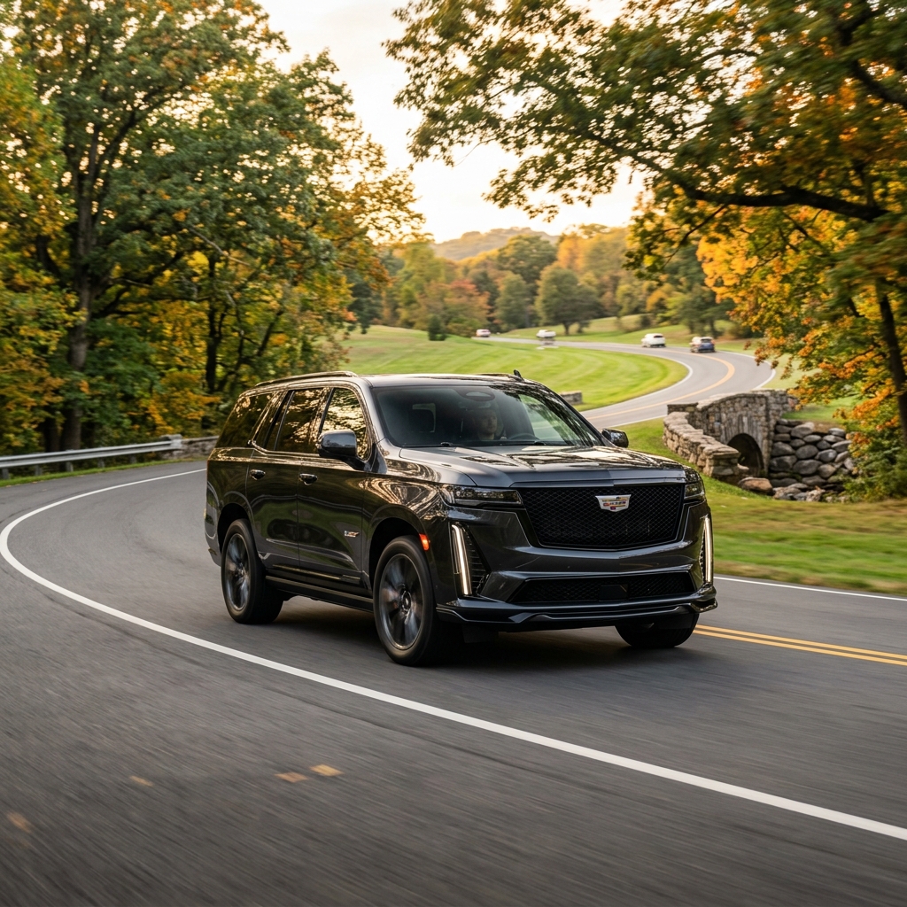 Dark grey Cadillac Escalade SUV driving around a curved scenic parkway surrounded by autumn foliage. (Representative image for illustration purposes only. Actual vehicle may vary based on trim and configuration.)