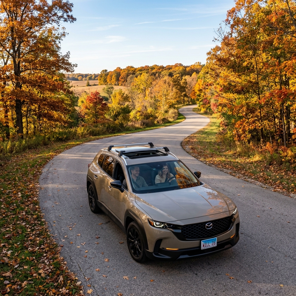 A tan Mazda SUV driving on a winding road surrounded by colorful autumn foliage. (Representative image for illustration purposes only. Actual vehicle may vary based on trim and configuration.)