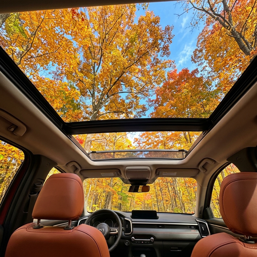 View from inside a car looking up through an open panoramic sunroof at vibrant yellow and orange autumn trees. (Representative image for illustration purposes only. Actual vehicle may vary based on trim and configuration.)