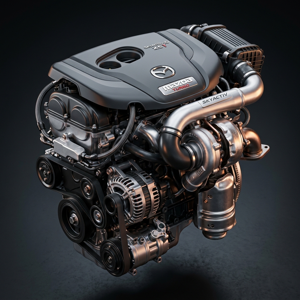 Isolated Mazda Skyactiv-G 2.5T turbo engine render showing turbocharger, serpentine belt, and engine cover. (Representative image for illustration purposes only. Actual vehicle may vary based on trim and configuration.)