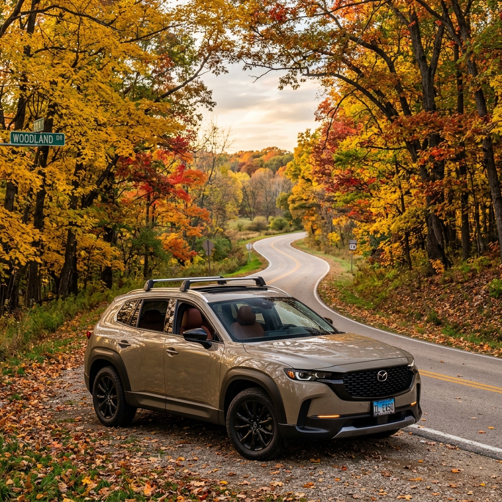 A tan Mazda SUV parked on the side of a winding country road lined with vibrant yellow and red autumn trees. (Representative image for illustration purposes only. Actual vehicle may vary based on trim and configuration.)