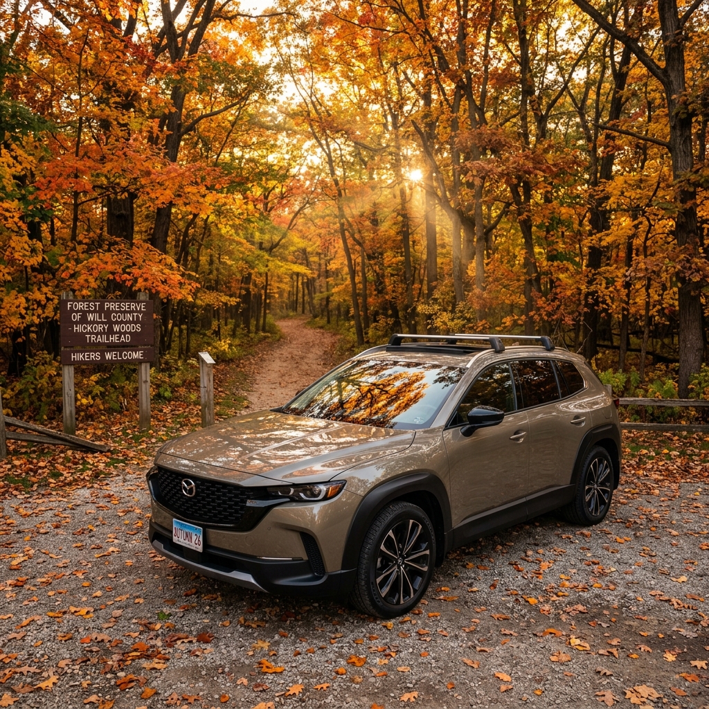 Tan Mazda SUV parked on a gravel path covered in fallen leaves at a forest preserve during autumn. (Representative image for illustration purposes only. Actual vehicle may vary based on trim and configuration.)
