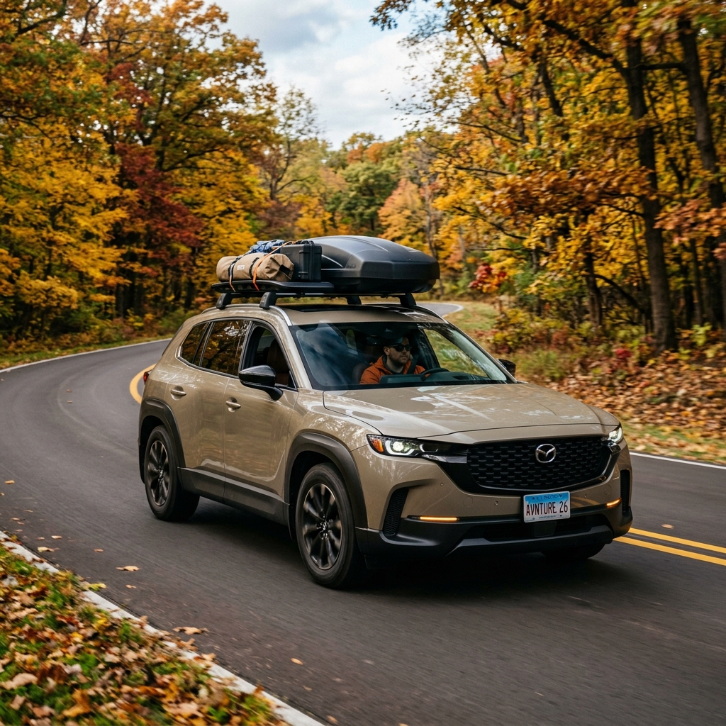 Tan Mazda SUV with a roof rack loaded with gear driving along a winding road surrounded by yellow autumn foliage. (Representative image for illustration purposes only. Actual vehicle may vary based on trim and configuration.)