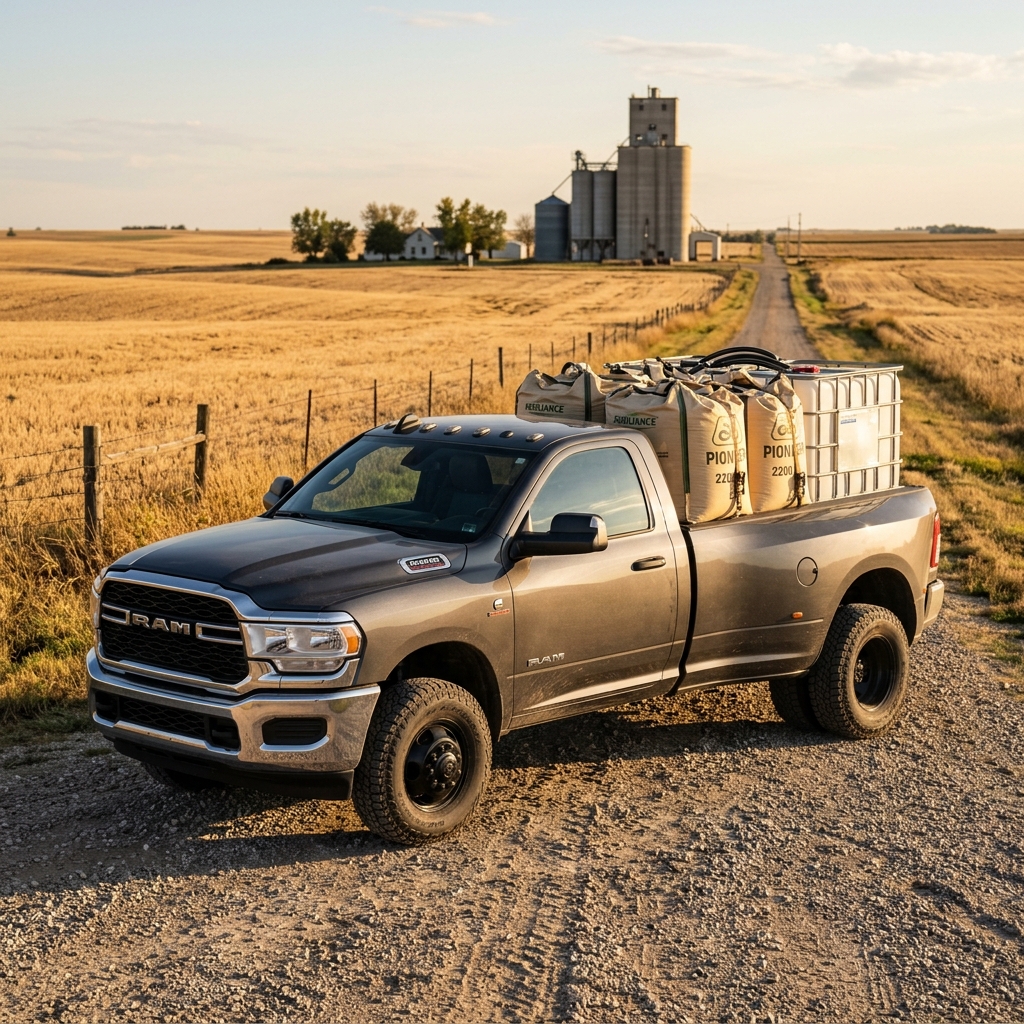 A grey Ram dually truck loaded with seed bags and a water tank parked on a dirt road near grain silos. (Representative image for illustration purposes only. Actual vehicle may vary based on trim and configuration.)