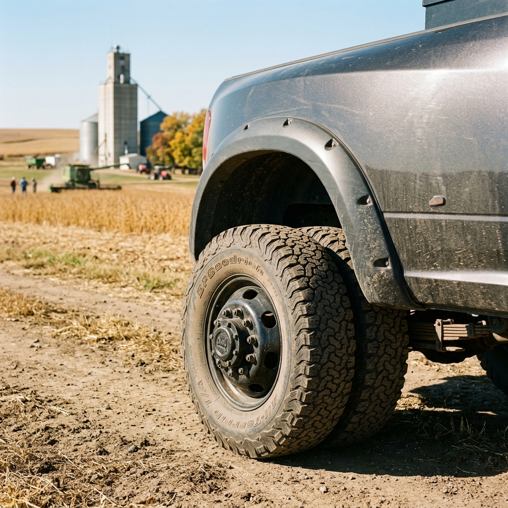 Rear dual wheels of a dark grey pickup truck parked near a farm field with a grain elevator in the background. (Representative image for illustration purposes only. Actual vehicle may vary based on trim and configuration.)