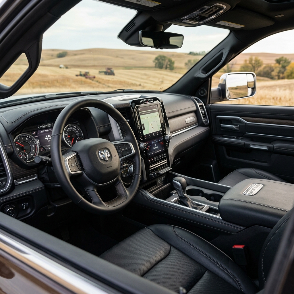 Black leather interior of a Ram truck featuring a digital touchscreen and steering wheel overlooking rolling farm fields. (Representative image for illustration purposes only. Actual vehicle may vary based on trim and configuration.)