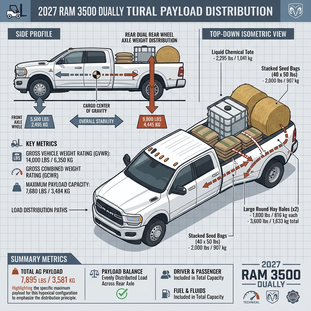 Infographic showing rural payload distribution and axle weight specs for a 2027 Ram 3500 dually truck. (Representative image for illustration purposes only. Actual vehicle may vary based on trim and configuration.)