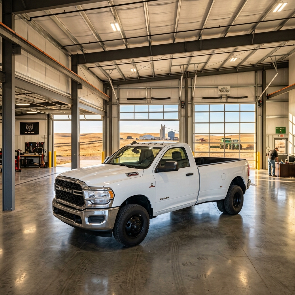 A white Ram single-cab dually pickup truck parked inside a large modern agricultural bay facing open glass garage doors. (Representative image for illustration purposes only. Actual vehicle may vary based on trim and configuration.)