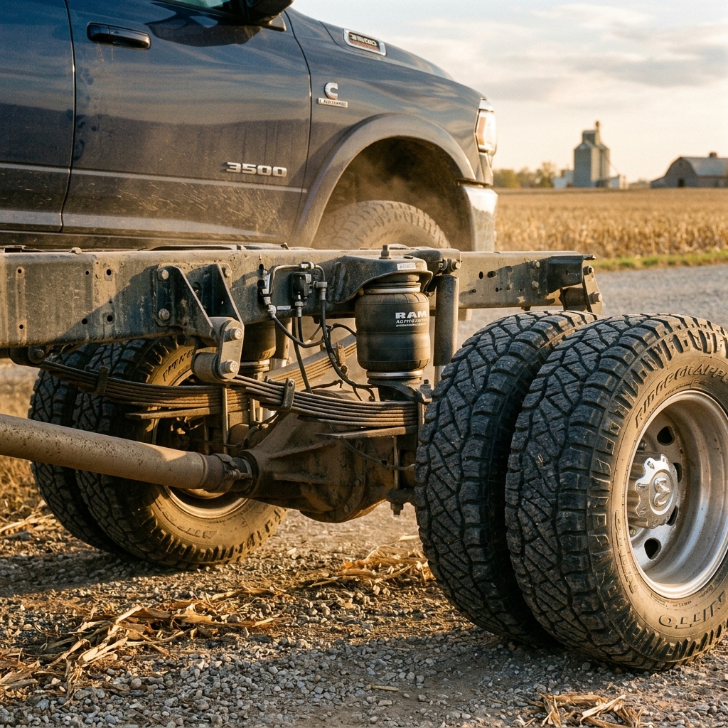 Close-up of a blue Ram 3500 truck rear axle, dual rear wheels, leaf springs, and air suspension system. (Representative image for illustration purposes only. Actual vehicle may vary based on trim and configuration.)