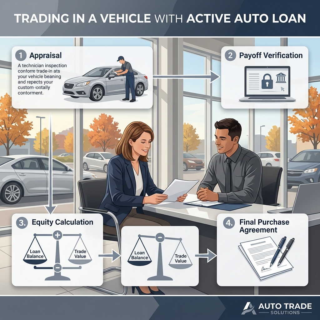 An infographic detailing the four steps to trade in a car with an active auto loan at a dealership. (Representative image for illustration purposes only. Actual vehicle may vary based on trim and configuration.)