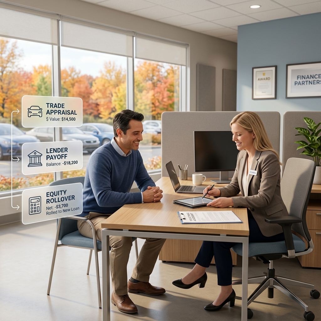 A car buyer meets with a finance representative while graphic overlays detail negative equity rolled into a new loan. (Representative image for illustration purposes only. Actual vehicle may vary based on trim and configuration.)