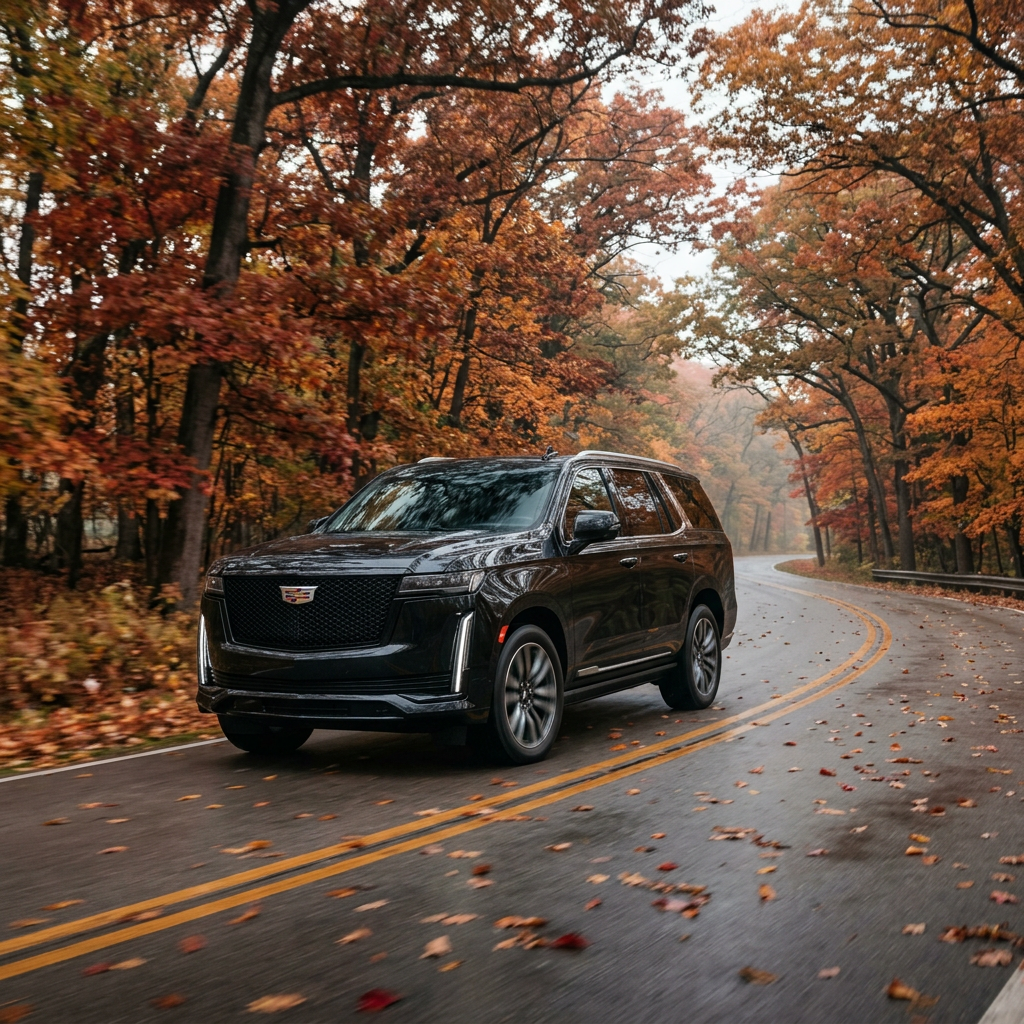 Black Cadillac Escalade driving on a winding wet road lined with colorful autumn trees and fallen leaves. (Representative image for illustration purposes only. Actual vehicle may vary based on trim and configuration.)