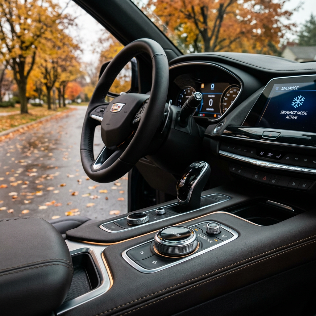 Interior of a luxury Cadillac SUV showing the steering wheel and center console with an autumn street outside. (Representative image for illustration purposes only. Actual vehicle may vary based on trim and configuration.)