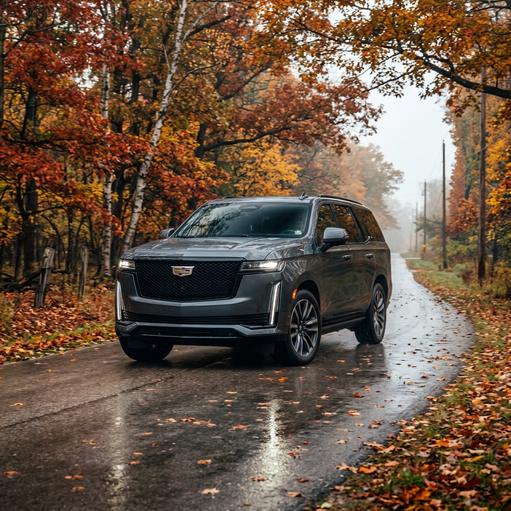 A dark grey Cadillac Escalade driving along a wet, leaf-scattered road framed by vibrant autumn trees. (Representative image for illustration purposes only. Actual vehicle may vary based on trim and configuration.)