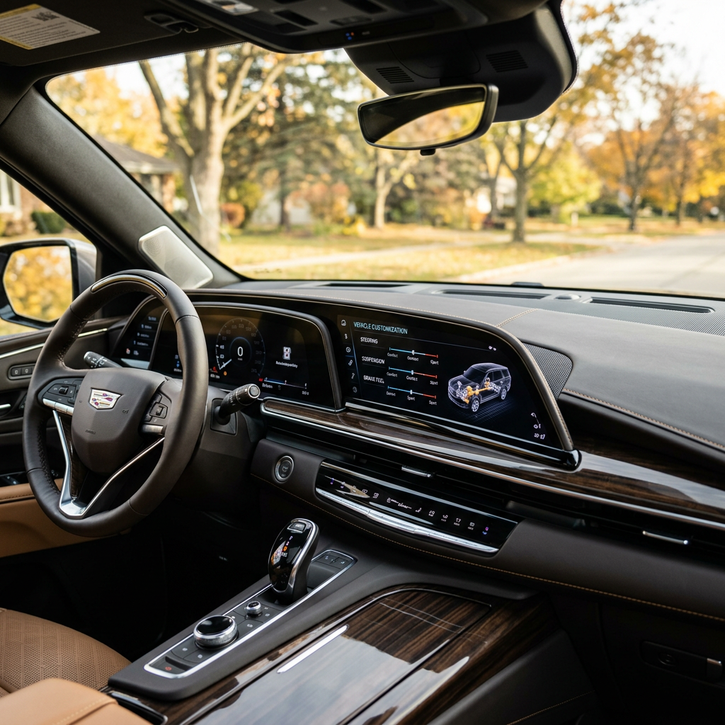 Dashboard of a luxury Cadillac Escalade featuring a large digital infotainment display, leather steering wheel, and wood trim. (Representative image for illustration purposes only. Actual vehicle may vary based on trim and configuration.)