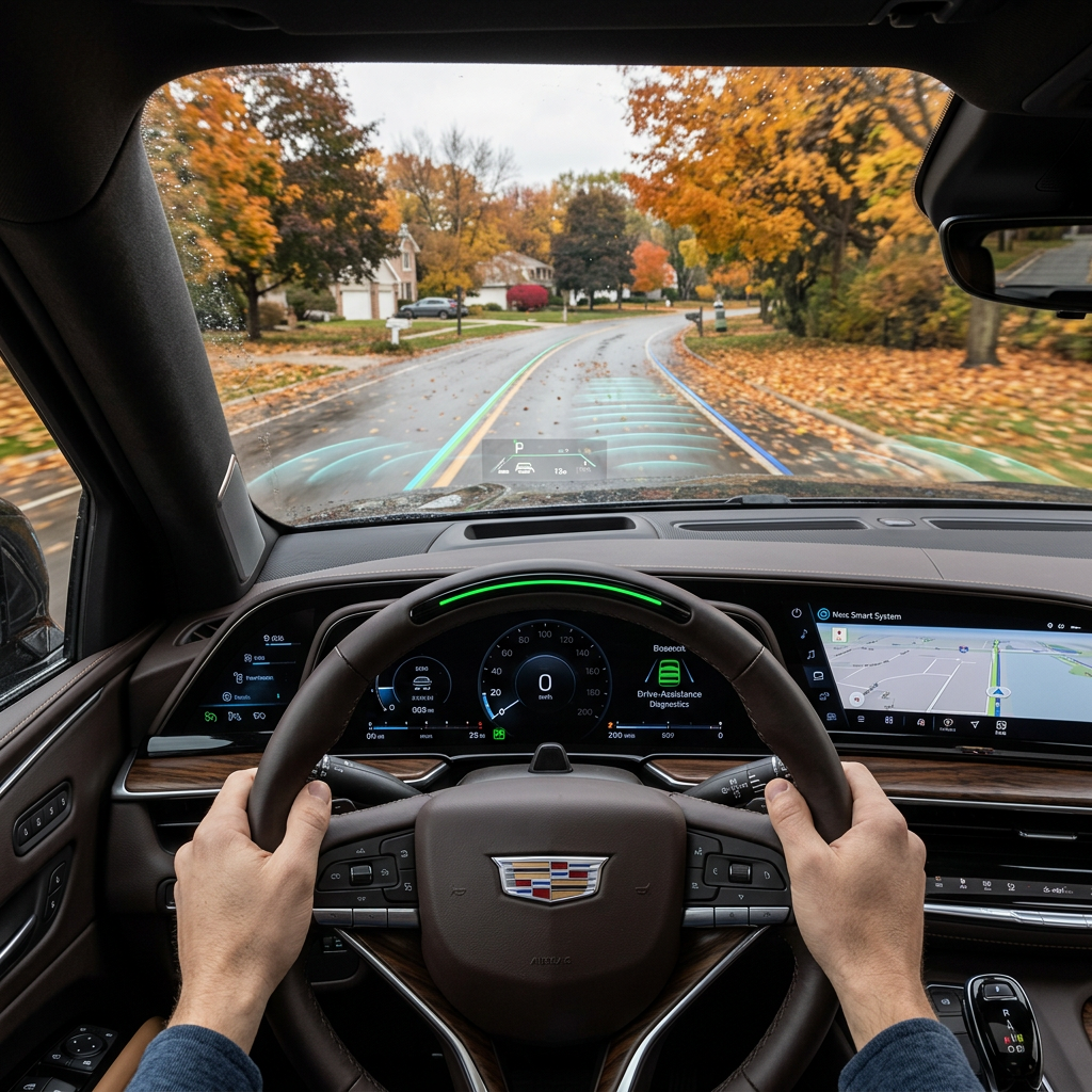Driver's perspective inside a Cadillac with an augmented reality head-up display navigating a suburban autumn road. (Representative image for illustration purposes only. Actual vehicle may vary based on trim and configuration.)