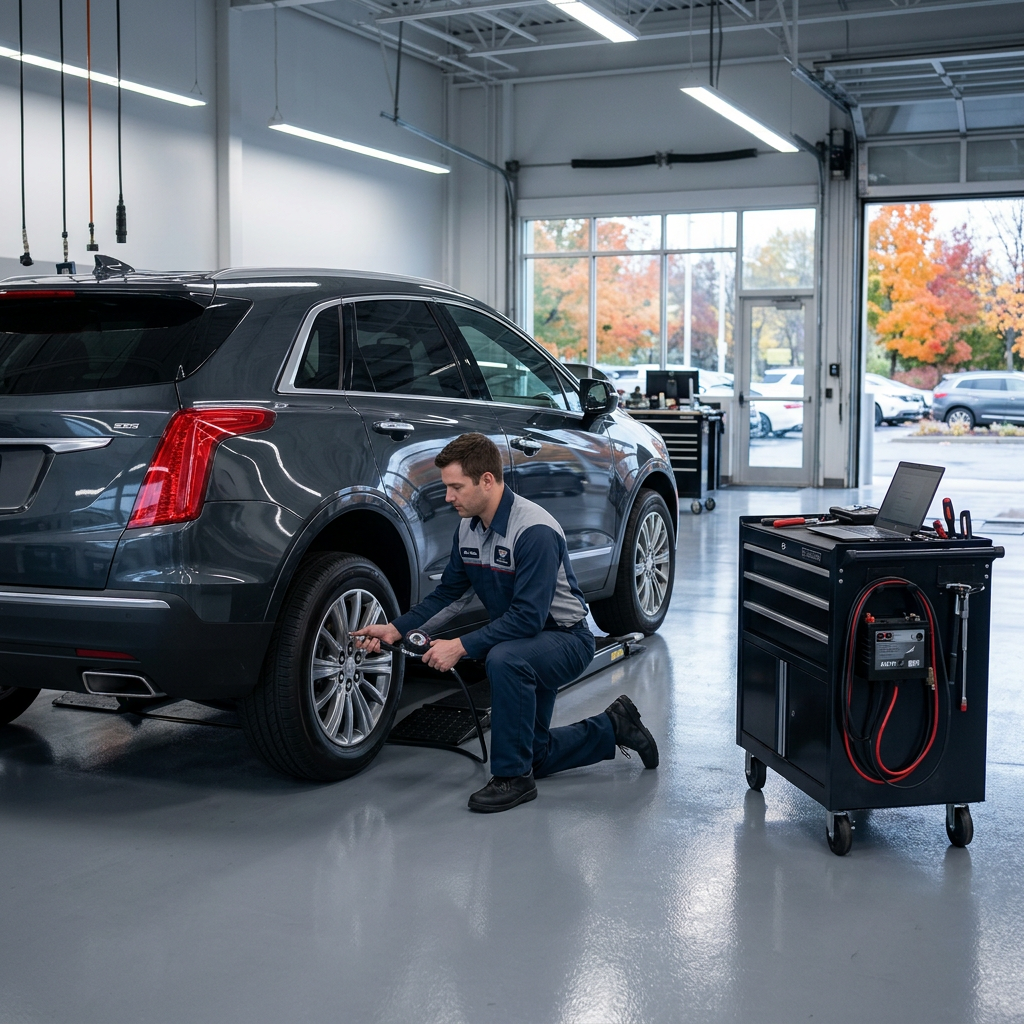 Mechanic kneeling down to check tire pressure on a grey SUV inside a clean automotive service shop. (Representative image for illustration purposes only. Actual vehicle may vary based on trim and configuration.)