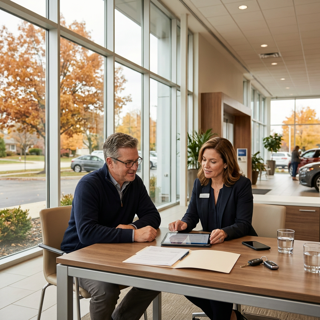 A customer and dealership representative reviewing vehicle purchase details on a tablet at a desk. (Representative image for illustration purposes only. Actual vehicle may vary based on trim and configuration.)