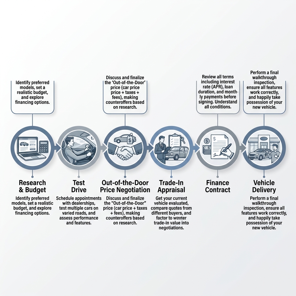 Infographic showing six steps of the car buying process from research to vehicle delivery. (Representative image for illustration purposes only. Actual vehicle may vary based on trim and configuration.)