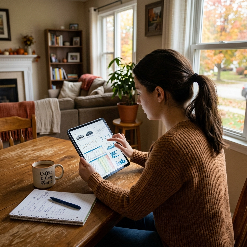 Woman sitting at a wooden table reviewing charts and graphs on a tablet next to a coffee mug and notebook. (Representative image for illustration purposes only. Actual vehicle may vary based on trim and configuration.)