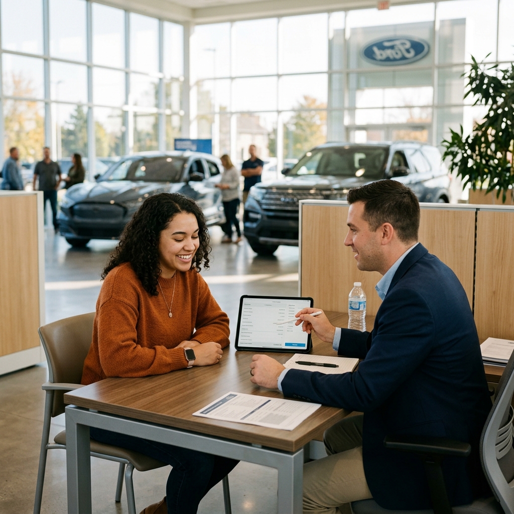 A woman sits across from a salesman discussing vehicle options on a tablet inside a Ford dealership showroom. (Representative image for illustration purposes only. Actual vehicle may vary based on trim and configuration.)
