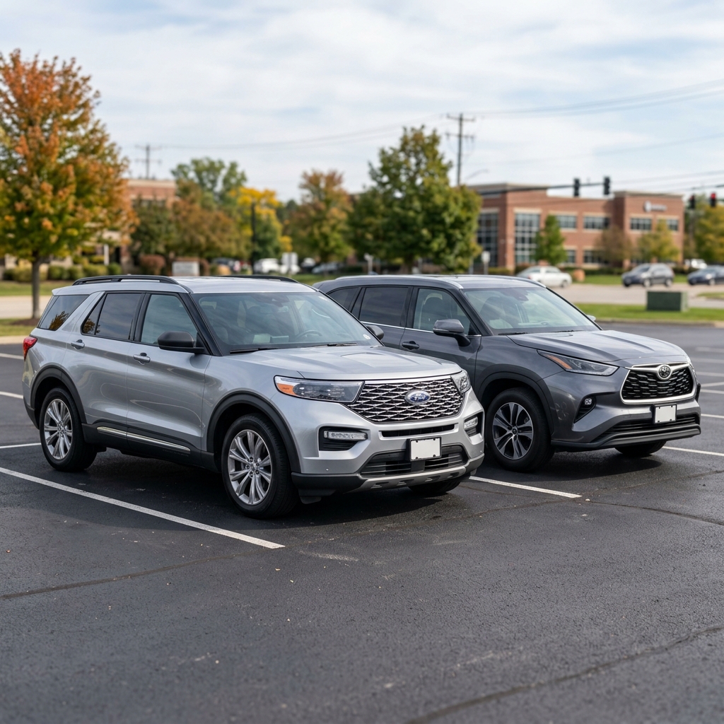 Silver Ford Explorer and dark gray Toyota Highlander parked side by side in an open parking lot. (Representative image for illustration purposes only. Actual vehicle may vary based on trim and configuration.)