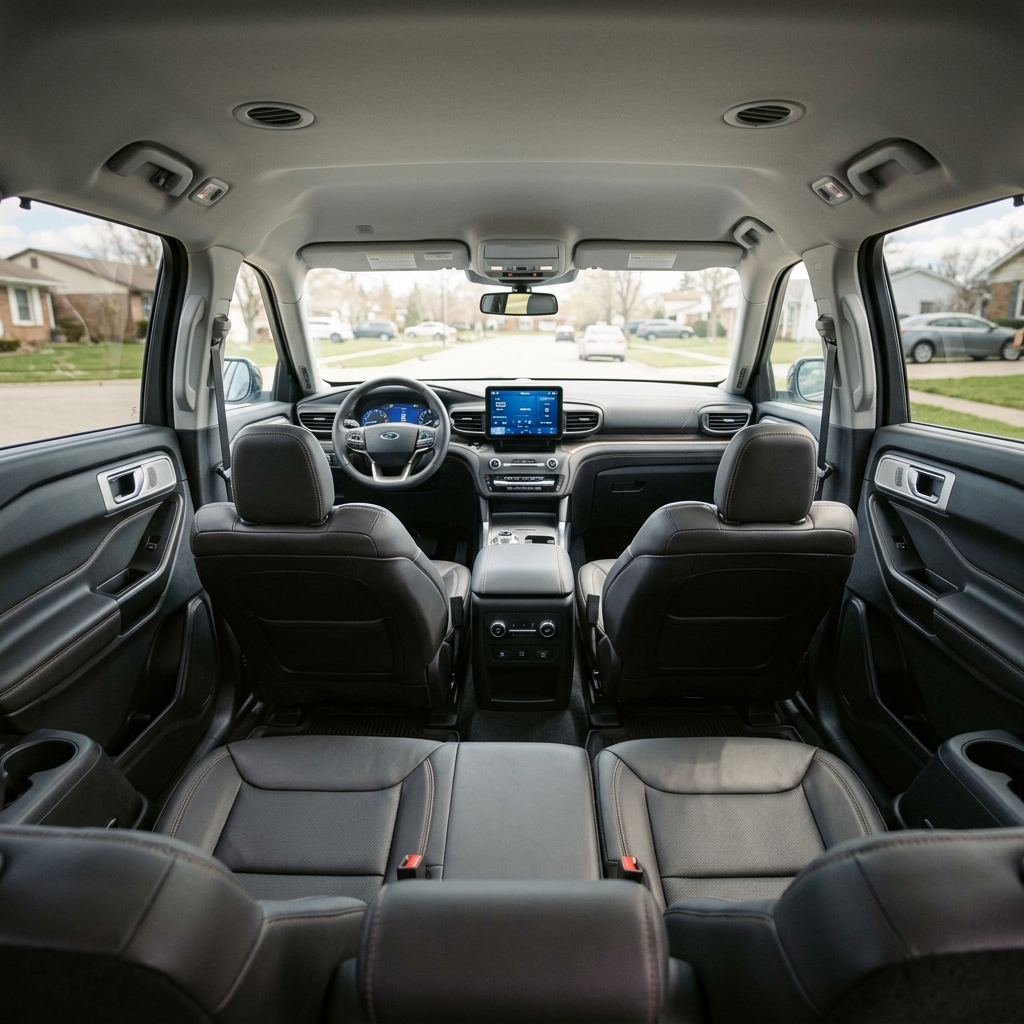 Interior view of a Ford SUV showing dark leather seats, middle row, and dashboard through to the front windshield. (Representative image for illustration purposes only. Actual vehicle may vary based on trim and configuration.)