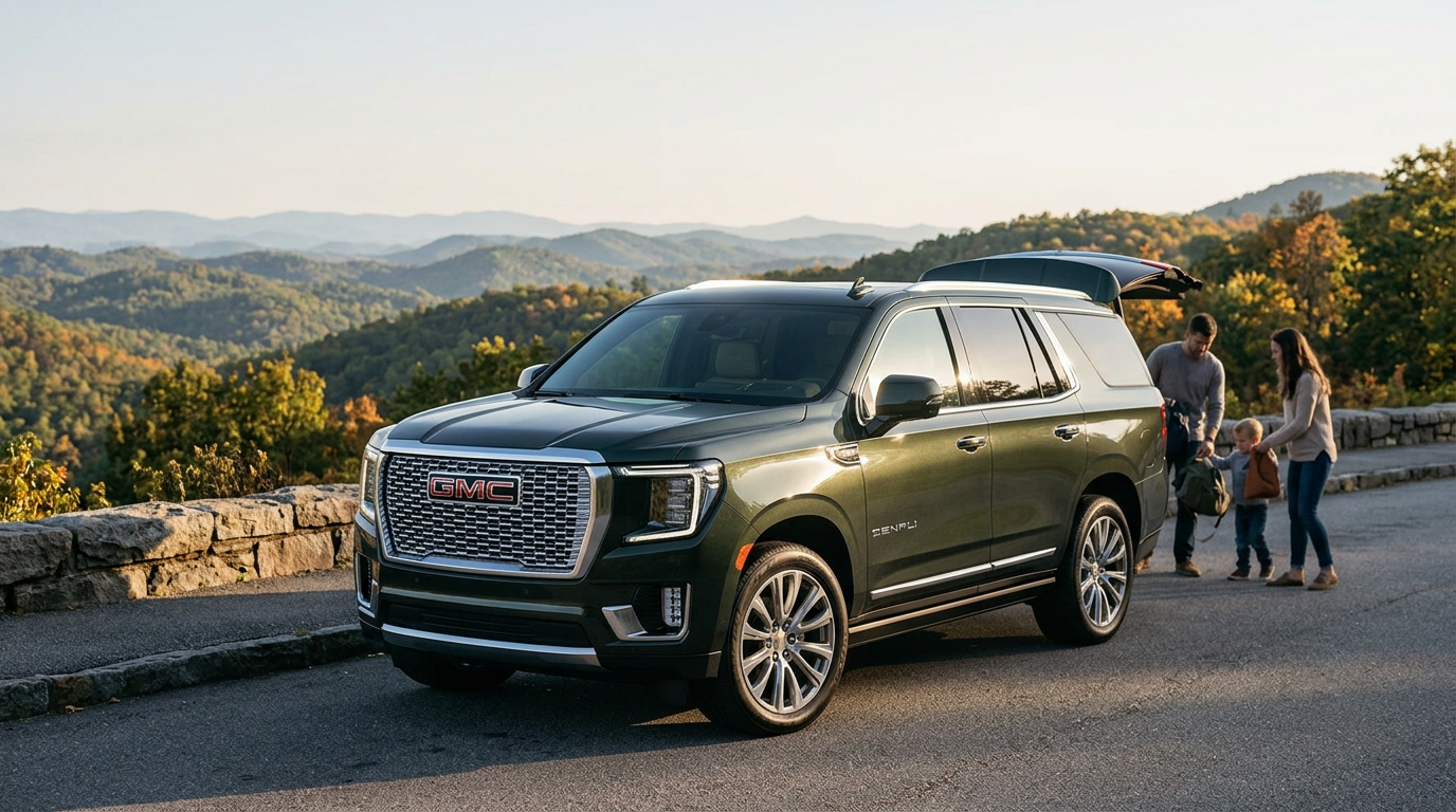 Green GMC Yukon Denali SUV parked on a scenic mountain road with a family near the open trunk. (Representative image for illustration purposes only. Actual vehicle may vary based on trim and configuration.)