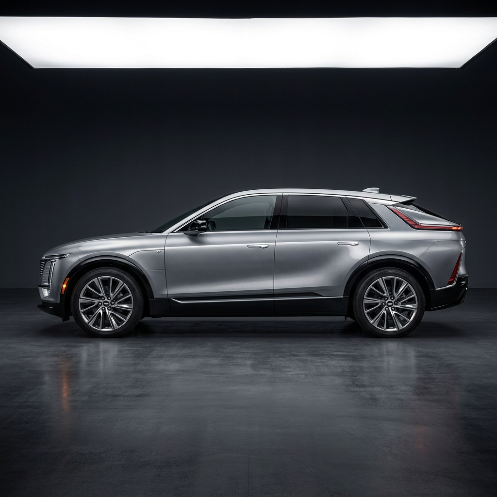Profile view of a silver Cadillac Lyriq luxury electric SUV parked in a dark photography studio. (Representative image for illustration purposes only. Actual vehicle may vary based on trim and configuration.)
