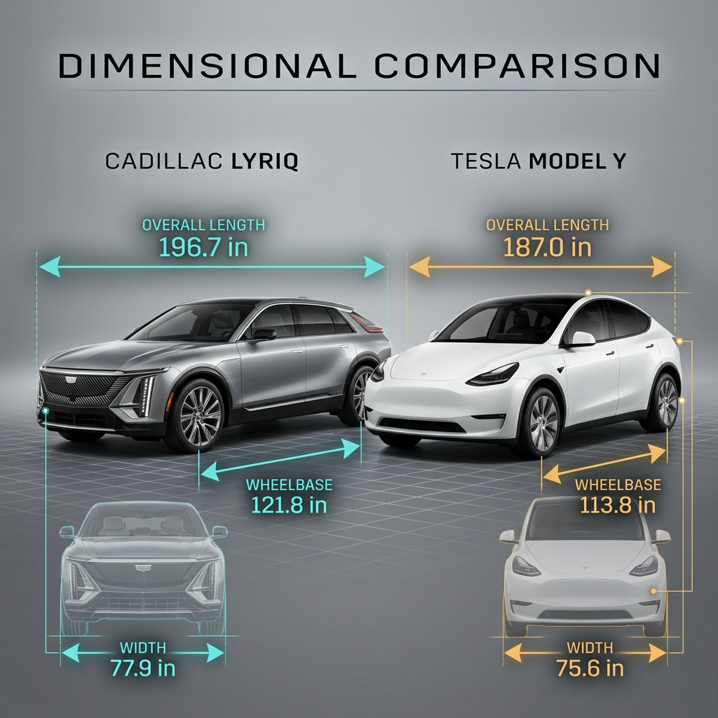 Dimensional comparison graphic showing length, wheelbase, and width for the Cadillac Lyriq and Tesla Model Y. (Representative image for illustration purposes only. Actual vehicle may vary based on trim and configuration.)